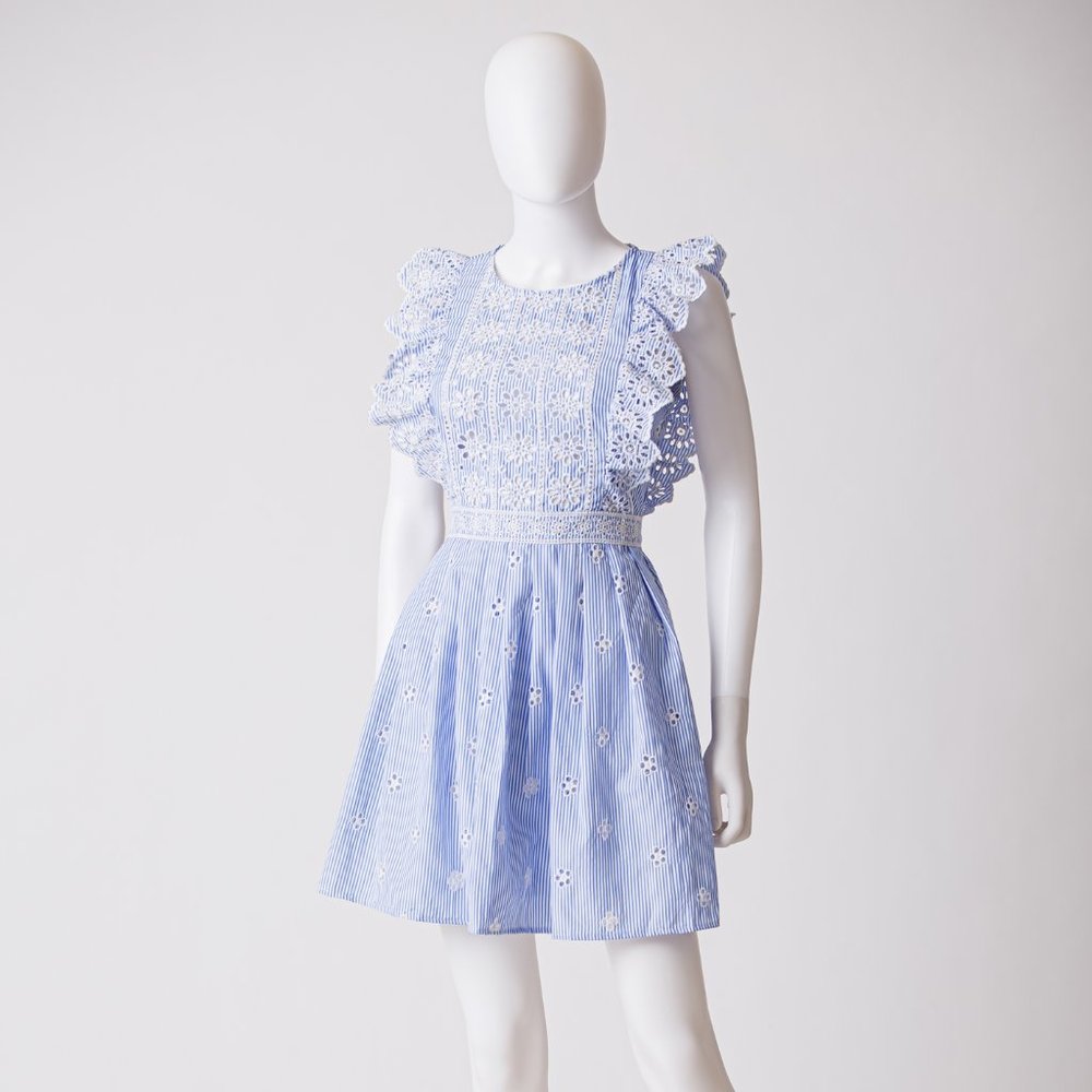 Tea & Cup blue striped ruffle prairie sun dress